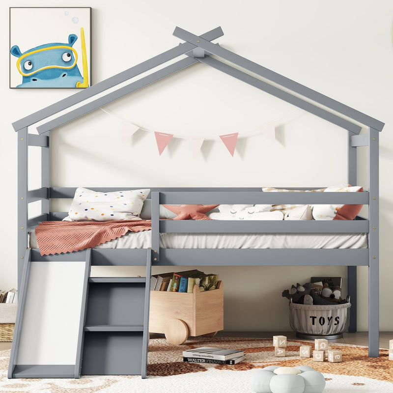 Twin Low Loft House Bed with Slide,  Ladder, Safety Guardrails, House Roof Frame,Grey