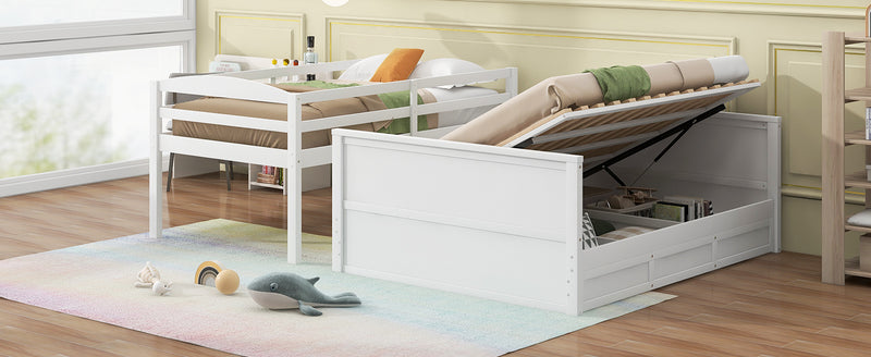 Wood Twin over Full Bunk Bed with Hydraulic Lift Up Storage, White