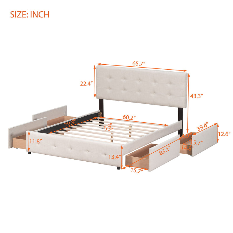 Upholstered Platform Bed With Classic Headboard And 4 Drawers, No Box Spring Needed