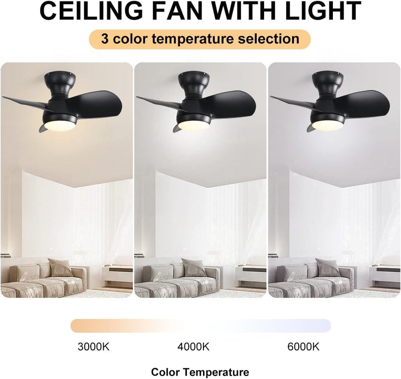 23" Bedroom Ceiling Fan With 3 Color Dimmable 3 ABS Blades Remote Control Dc Motor Black With 18W Led Light