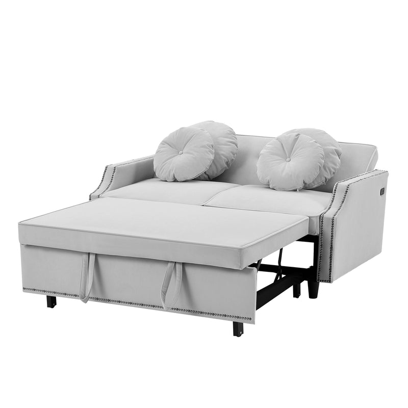 Multiple Adjustable Positions Sofa Bed Stylish Sofa Bed With A Button Tufted Backrest, Two USB Ports And Four Floral Lumbar Pillows For Living Room, Bedroom, Or Small Space