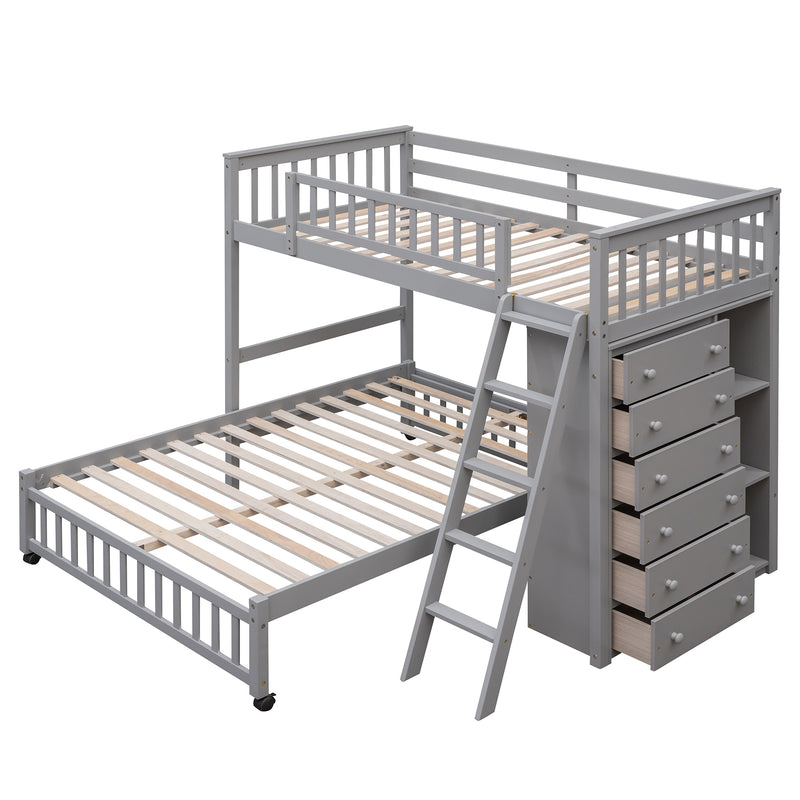 Wooden Twin Over Full Bunk Bed With Six Drawers And Flexible Shelves,Bottom Bed With Wheels,Gray(OLD SKU:LP000531AAE)