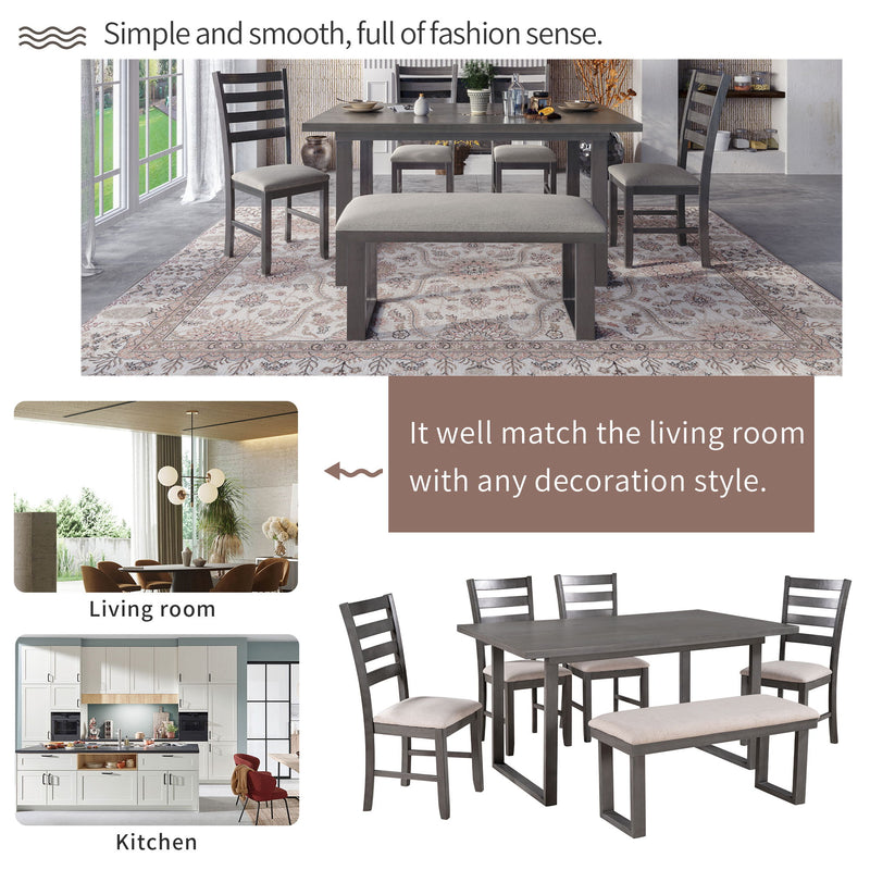 6 Pieces Family Furniture, Solid Wood Dining Room Set With Rectangular Table & 4 Chairs With Bench - Gray