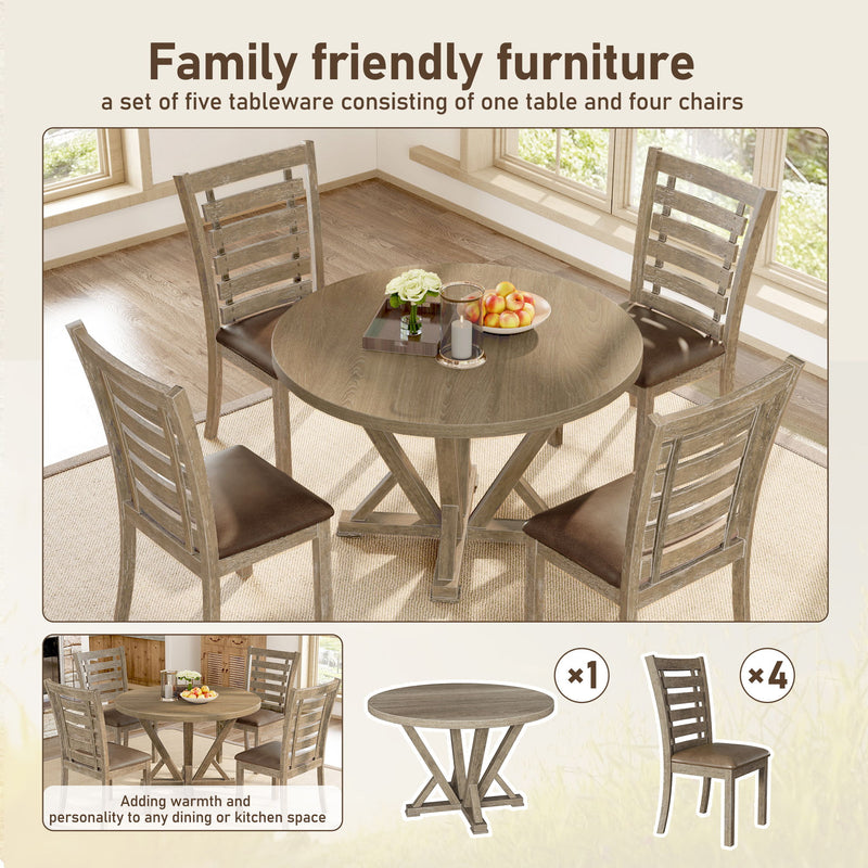 5 Pieces Dining Set, Round Counter Table Modern Farmhouse Rustic - Distressed Brown