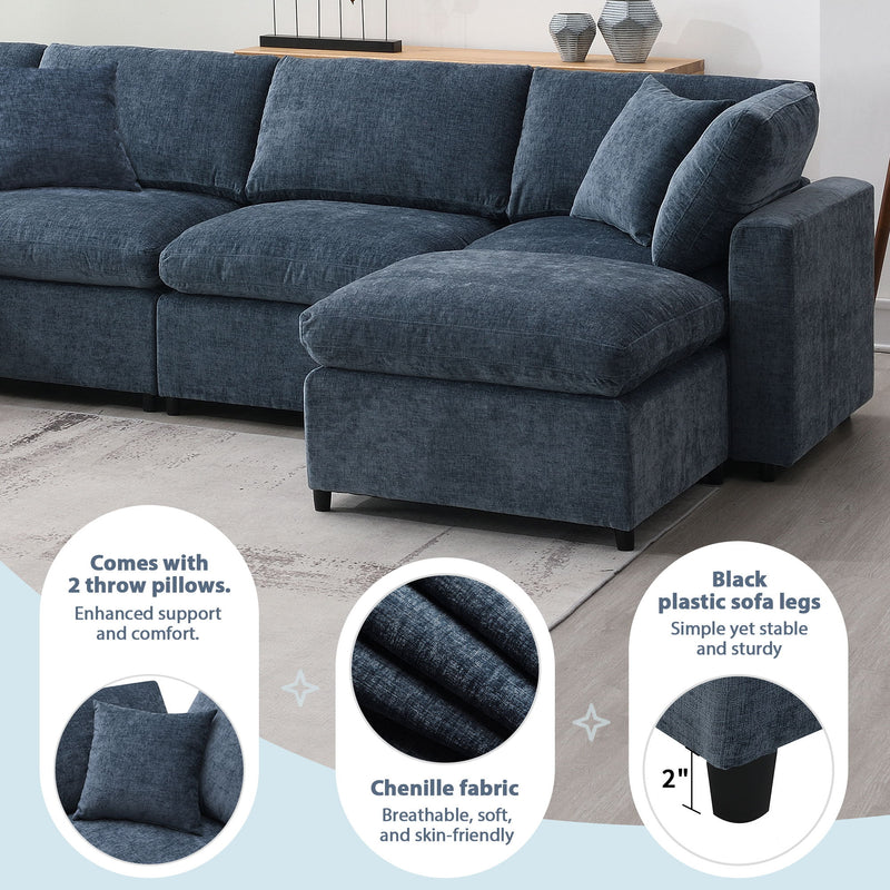 Modern Modular Cloud Sofa Bed, 6 Seat Chenille Sectional Couch Set With Ottoman, Free Combination, Convertible U Shaped Sleeper Sofa For Living Room