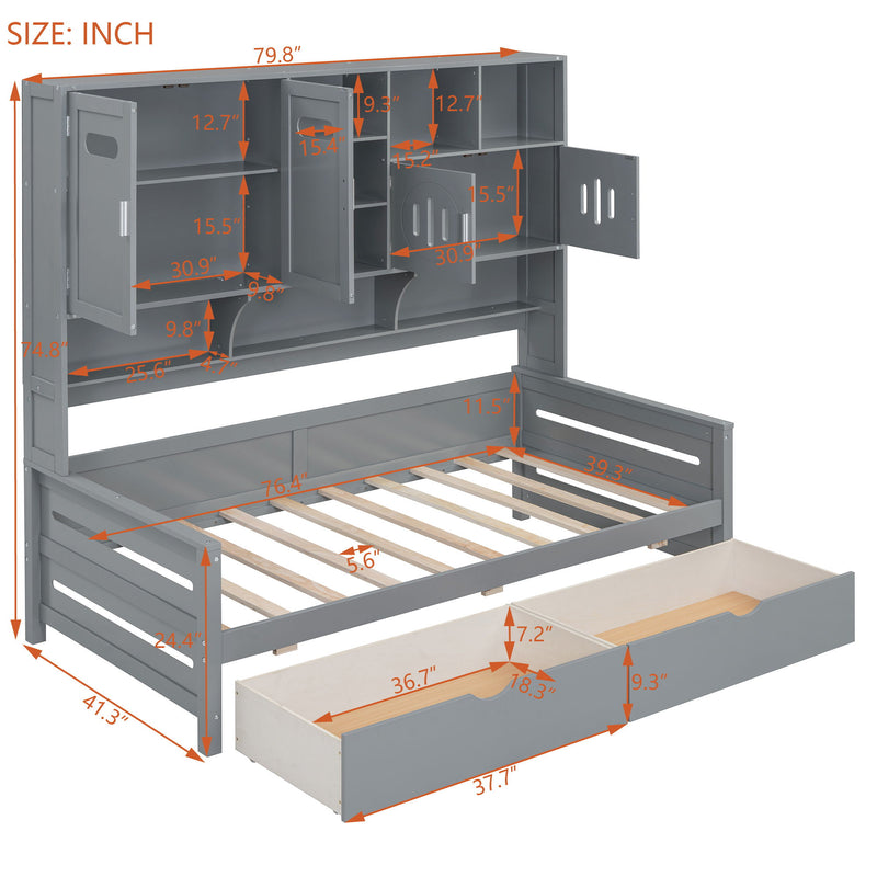 Wooden Daybed With 2 Drawers, And All-In-One Cabinet And Shelf