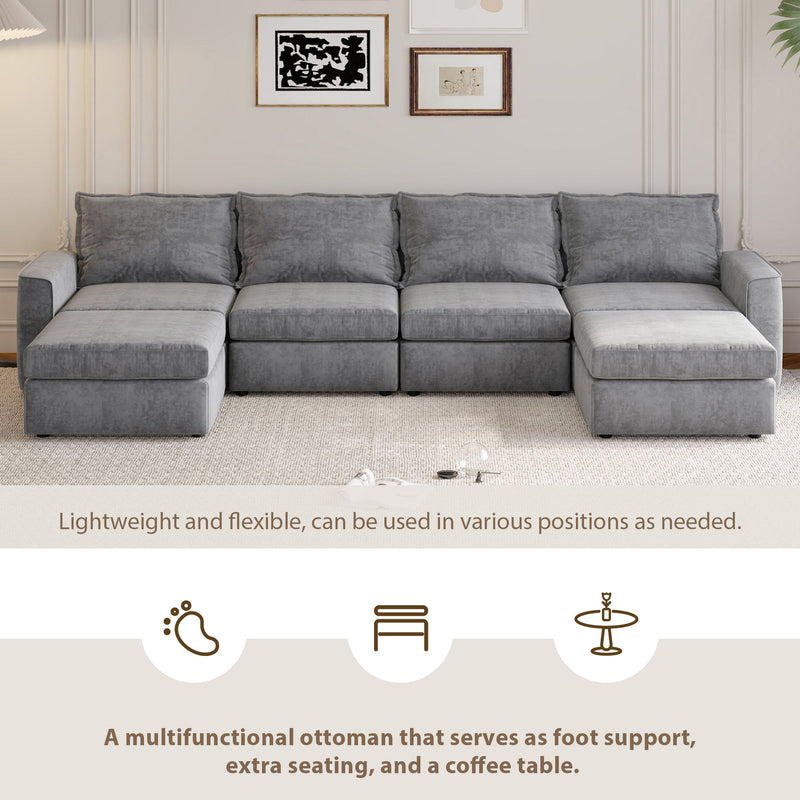 Chenille Modular Sectional Sofa, U Shaped Reversible Couch, Free Combination, 6 Seat Sleeper Sofa Bed With Ottoman, Convertible Oversized Indoor Furniture For Living Room - Gray