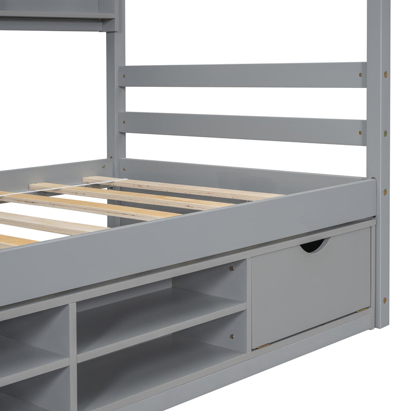 Twin House Bed with Roof Frame, Bedside-shelves, Under Bed Storage Unit,Grey