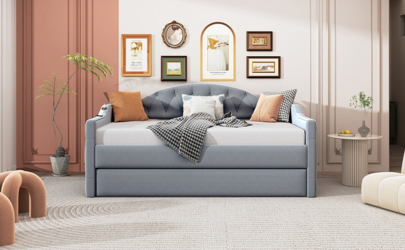 Twin Size Tufted Upholstered Daybed with Trundle ,Velvet Sofabed with USB&Type-C Charging Ports,No Box-spring Needed, Gray