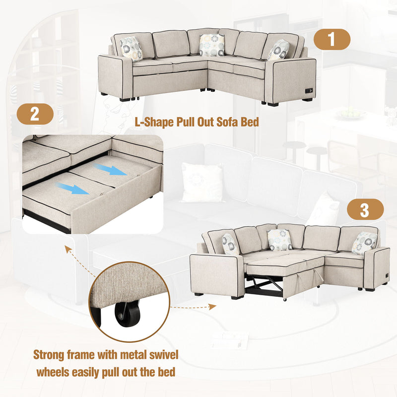 L-Shaped Pull Out Sofa Bed Modern Convertible Sleeper Sofa With 2 USB Ports, 2 Power Sockets And 3 Pillows For Living Room