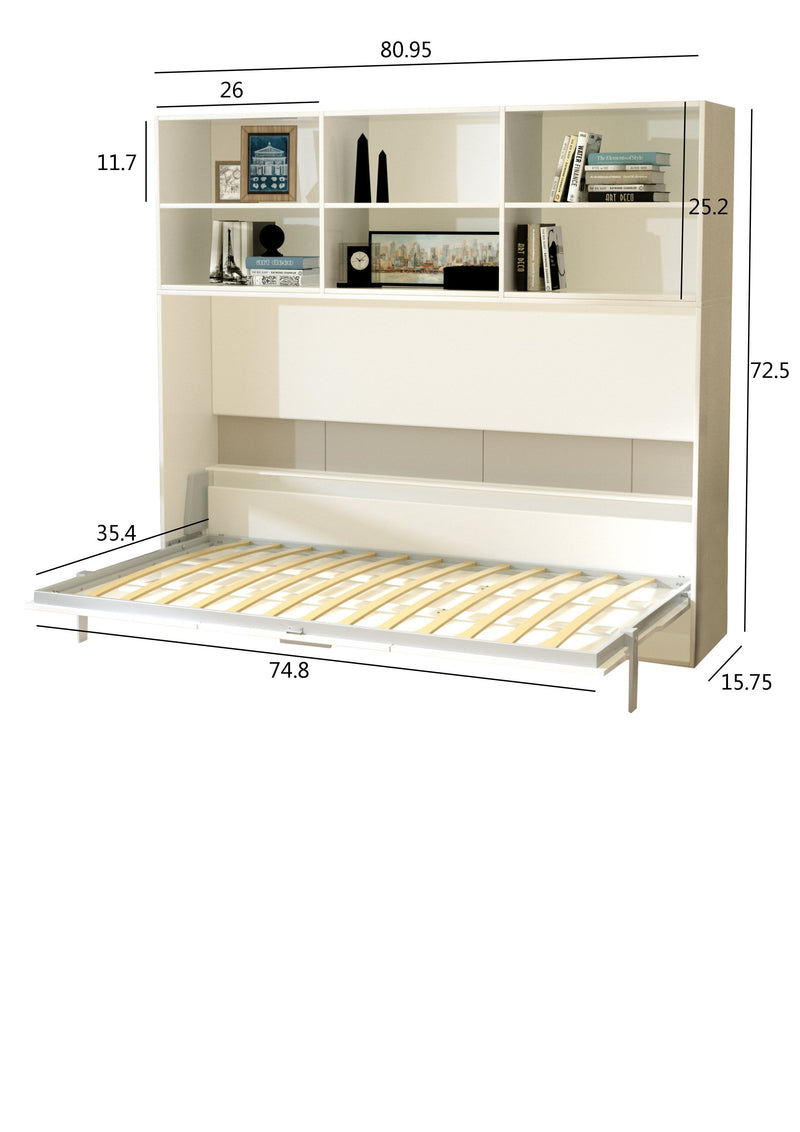 Mordern Design Twin Size Horizontal Murphy Bed With Shelf Storage For Bedroom Or Guestroom Wall Bed Space Saving Hidden Bed With New Style Gas Struts - White