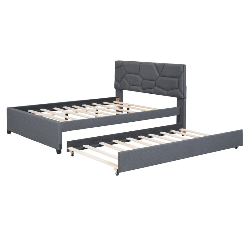 Upholstered Platform Bed With Brick Pattern Headboard And Twin Size Trundle, Linen