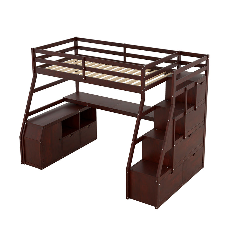 Twin Size Loft Bed with 7 Drawers 2 Shelves and Desk - Espresso