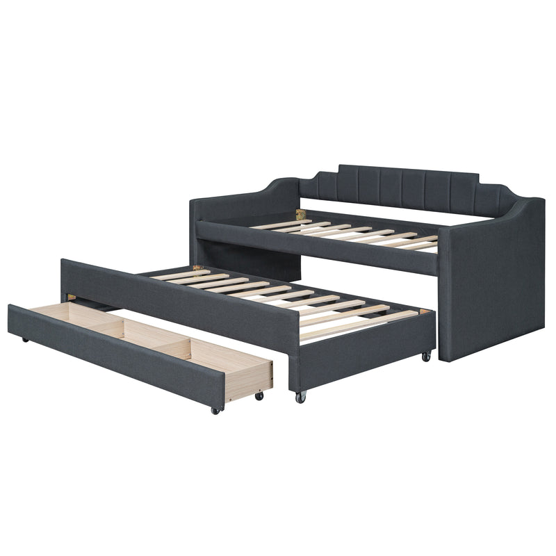 Twin Size Upholstered Daybed with Trundle and Three Drawers,Grey