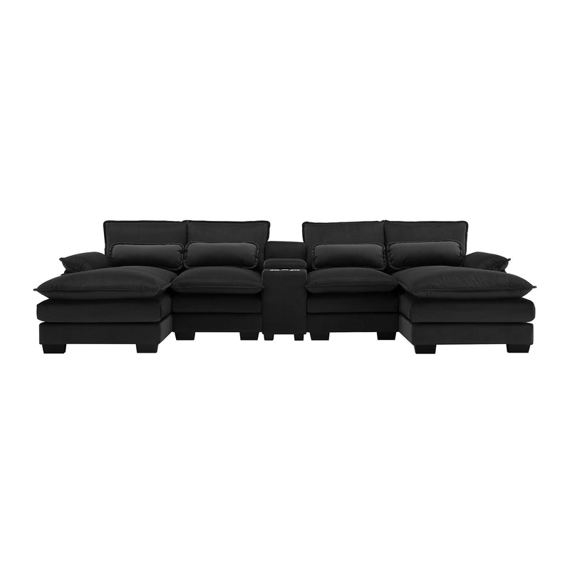 Modern U-Shaped Sofa With Console, Cupholders And USB Ports, 6 Seat Upholstered Symmetrical Indoor Furniture, Sleeper Couch Set With Chaise For Living Room