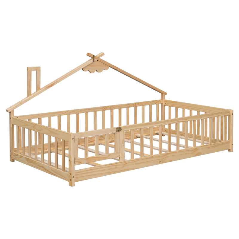 Twin House-Shaped Bedside Floor Bed with Guardrails, Slats, with Door,Natural