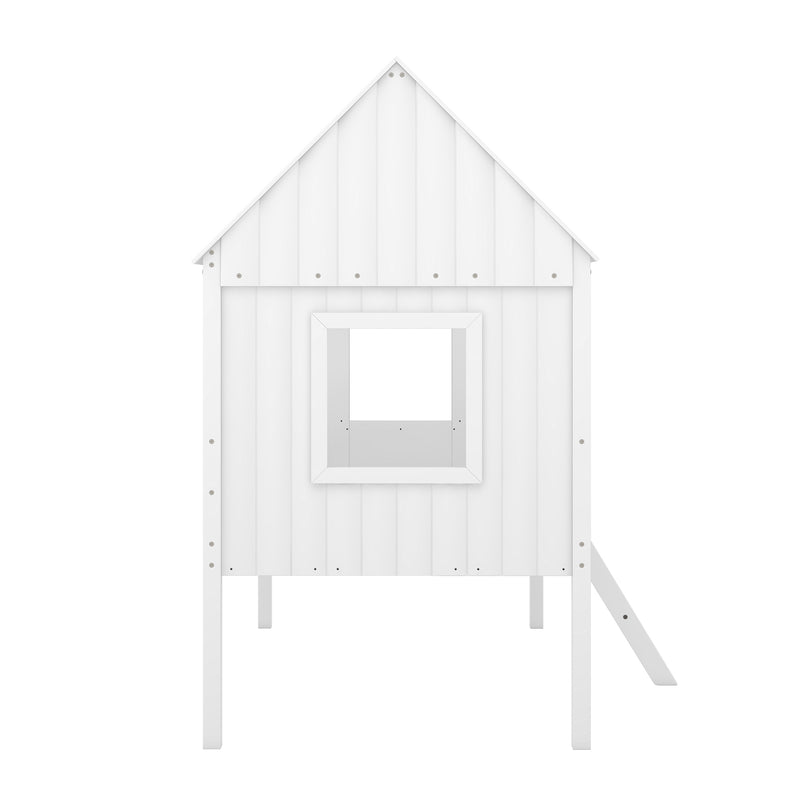 Twin Size Low Loft Wood House Bed with Two Side Windows  (White)(OLD SKU: LP000037AAK)