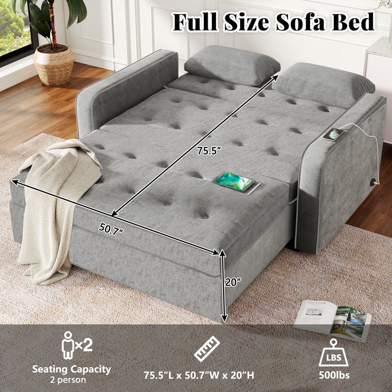 Upholstered Sleeper Bed, Pull Out Sofa Bed Couch Attached Two Throw Pillows, Dual USB Charging Port And Adjustable Backrest For Living Room Space - Gray