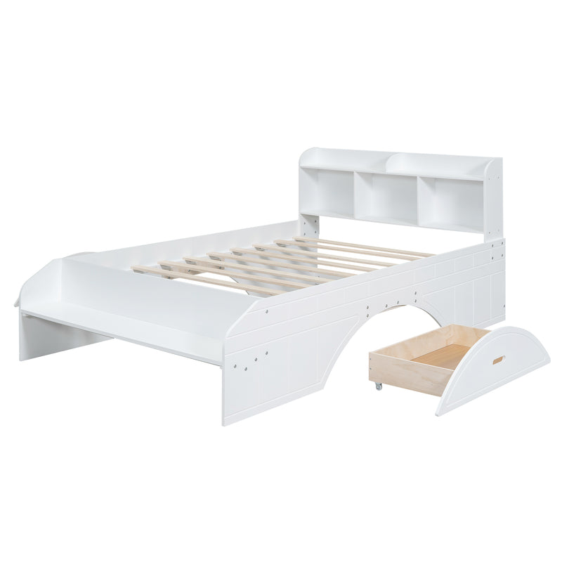 Wood Full Size Platform Bed with 2 Drawers, Storage  Headboard and Footboard, White