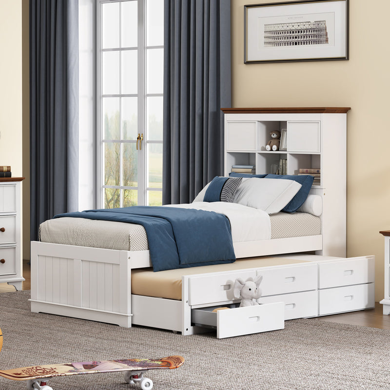 Twin Solid Pine Captain Bookcase Bed With Trundle Bed And 3 Spacious Under Bed Drawers In Casual - White / Walnut