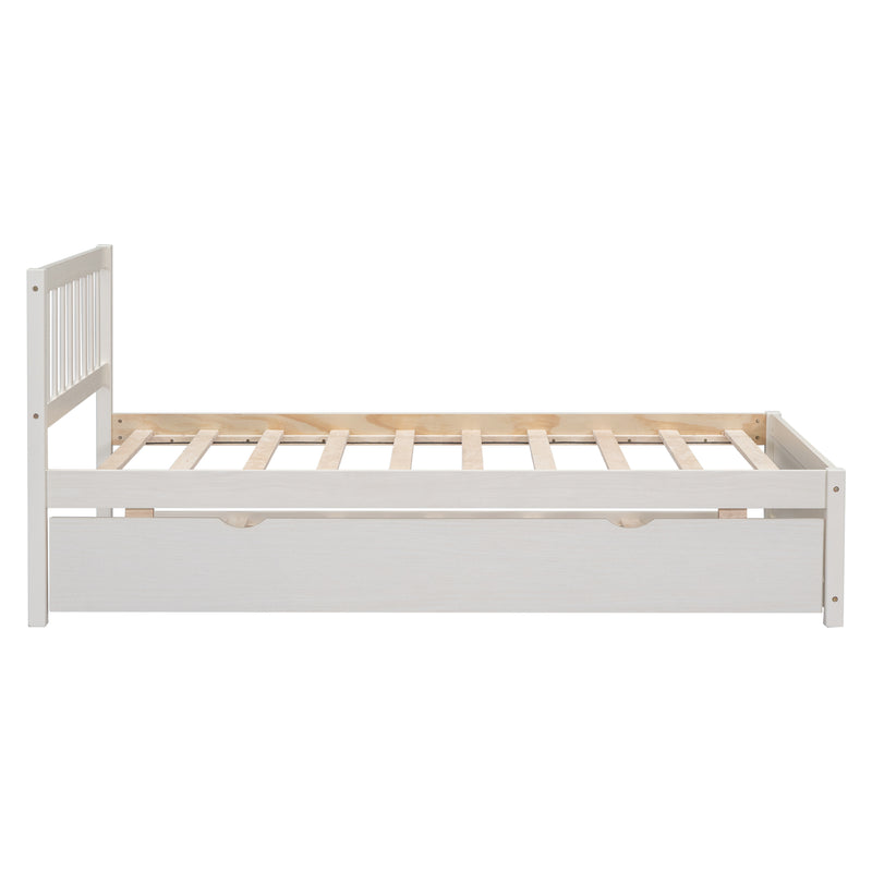 Wooden Twin Size Platform Bed Frame with Trundle for White Washed Color