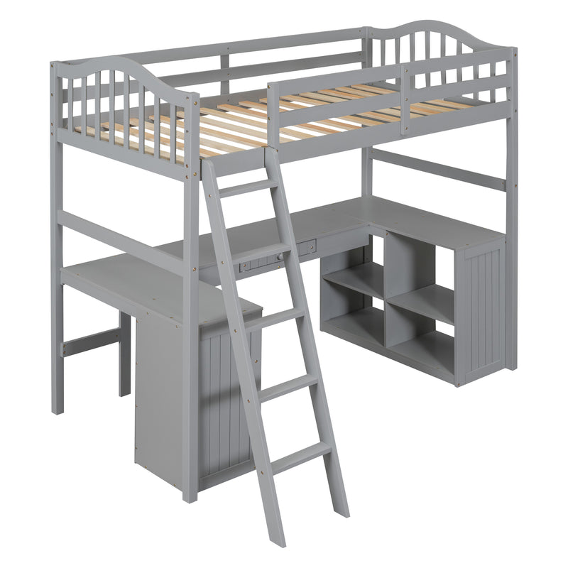 Twin size Loft Bed with Drawers, Cabinet, Shelves and Desk, Wooden Loft Bed with Desk - Gray(OLD SKU :LT000505AAE)