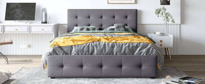 Queen Size Upholstered Platform Bed With Classic Headboard And 4 Drawers, No Box Spring Needed - Dark Gray