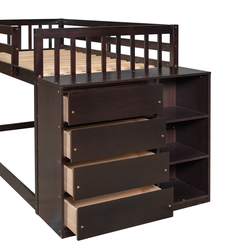 Twin Over Twin Bunk Bed With 4 Drawers And 3 Shelves