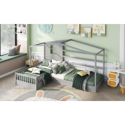 Wood House Bed Twin Size, 2 Twin Solid Bed L structure with fence and slatted frame, Gray