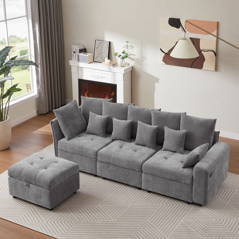 Sectional Sofa Modular Sofa Couch With Three USB Ports, A Removable Storage Ottoman And Five Back Pillows For Living Room