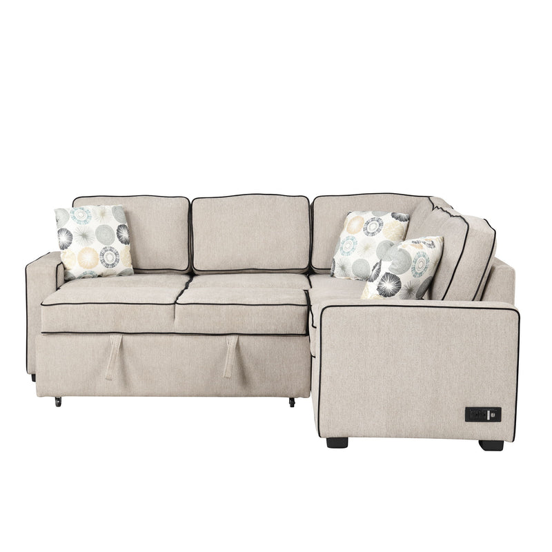 L-Shaped Pull Out Sofa Bed Modern Convertible Sleeper Sofa With 2 USB Ports, 2 Power Sockets And 3 Pillows For Living Room