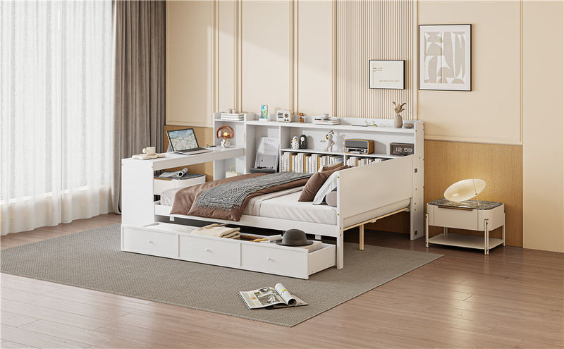 Full Size Wooden Daybed With 3 Drawers, USB Ports And Desk - White