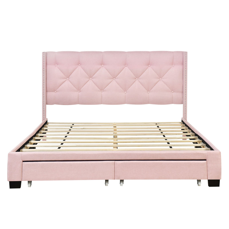 Queen Size Storage Bed Linen Upholstered Platform Bed With Two Drawers - Pink