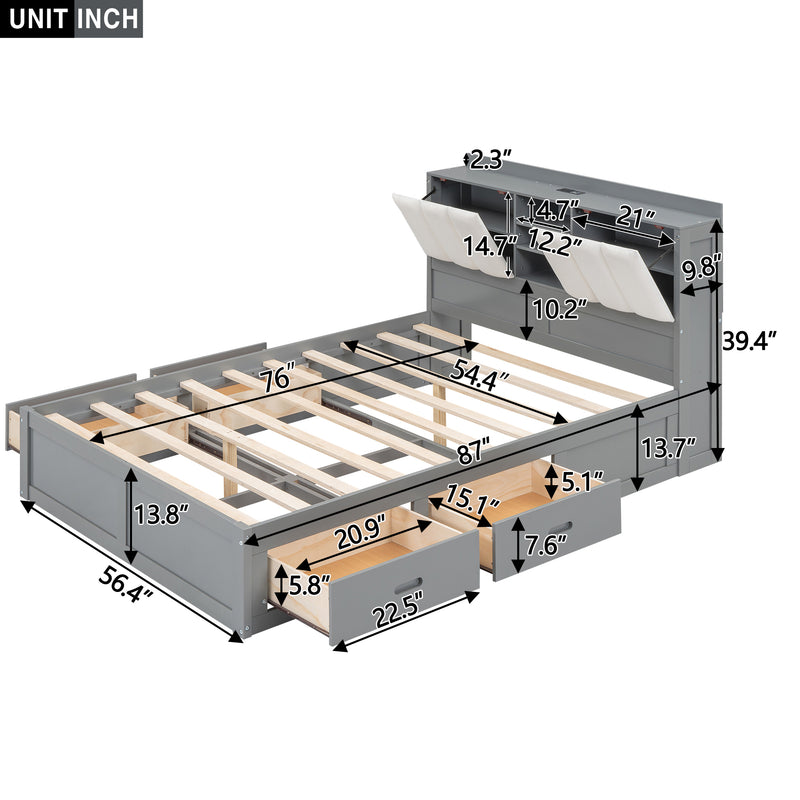 Wood Full Size Platform Bed with Storage Headboard and 4 Drawers, Gray