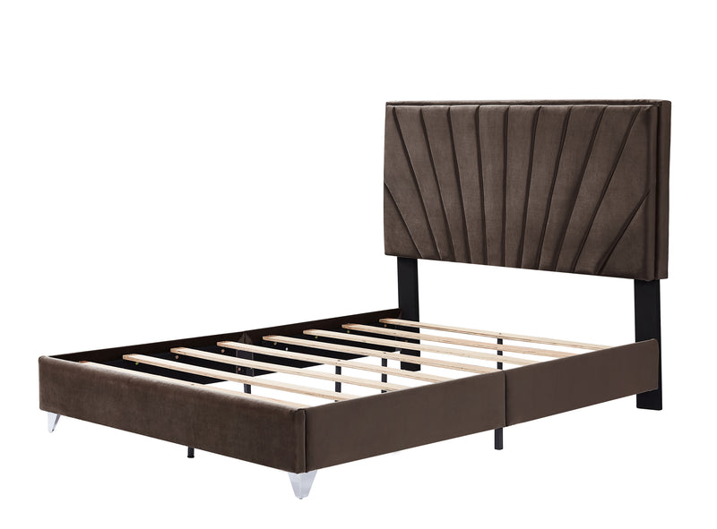 B108 Full bed with two nightstands, Beautiful line stripe cushion headboard , strong wooden slats + metal legs with Electroplate