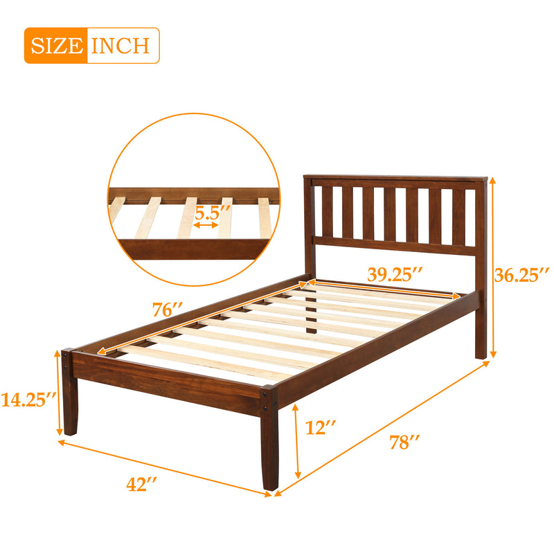 Twin Platform Bed With Headboard / Wood Slat Support - Walnut