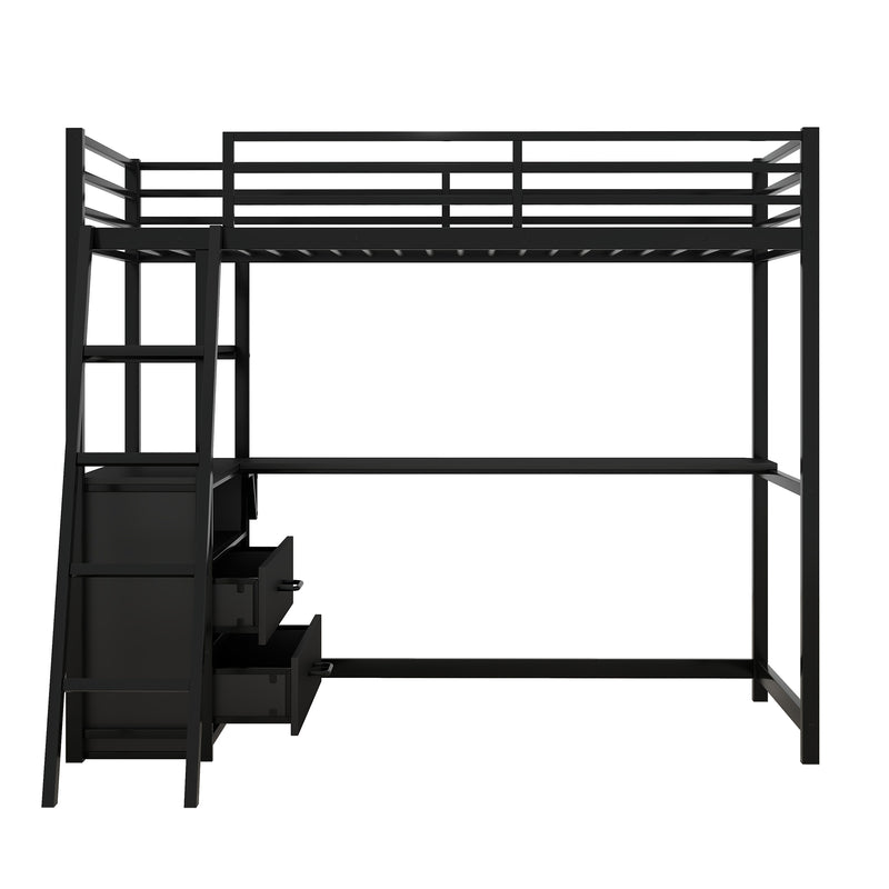 Twin Size Metal&Wood Loft Bed with Desk and Shelves, Two Built-in Drawers, Black