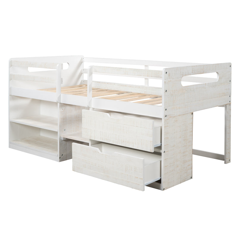 Twin size Loft Bed with Two Shelves and Two drawers (Antique White)