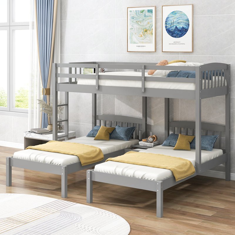 Twin over Twin & Twin Bunk Bed with Built-in Middle Drawer, Gray