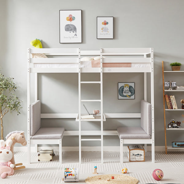 Twin Over Twin Bunk Beds Can be Turn into Upper Bed and Down Desk, Cushion Sets are Free for Kids, Teens, Girls, Boys. White,79''L x 40.9''W x 79''H.