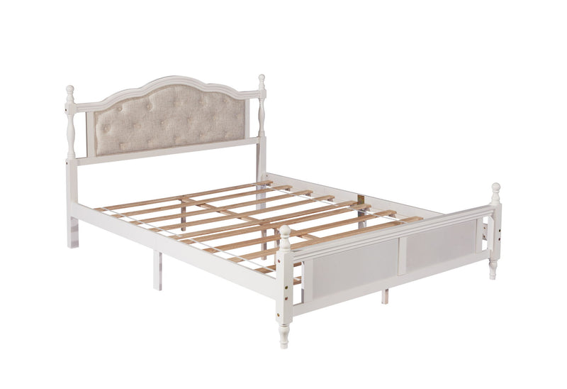 Pine Wooden Bed With Upholstered Headboard And Panel Footboard, With Two Bed Rail Support Feet And Central Platform Support Feet