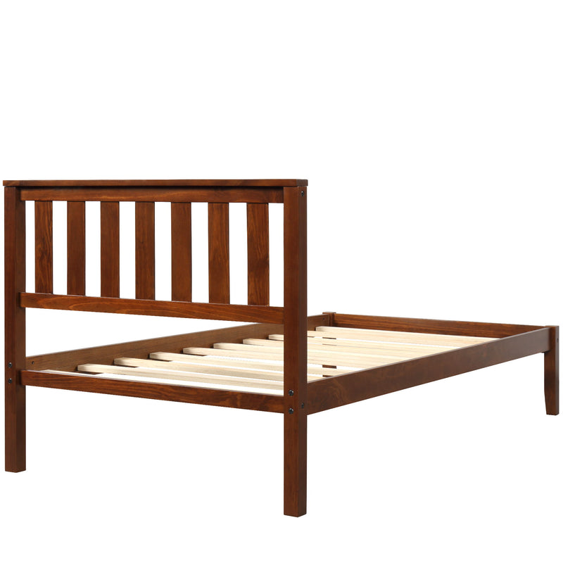 Twin Platform Bed With Headboard / Wood Slat Support - Walnut