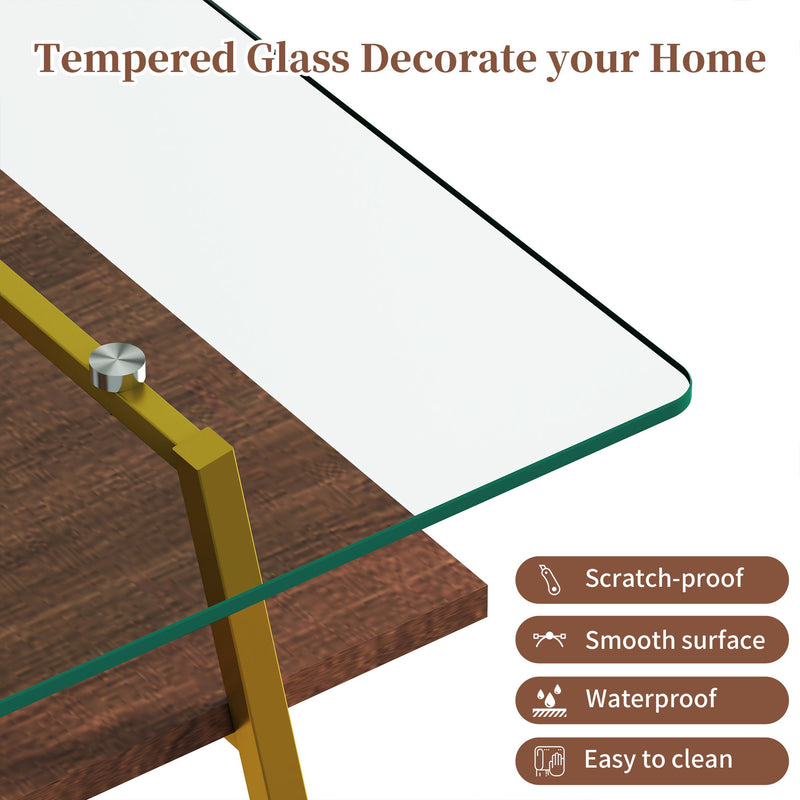 Rectangle Coffee Table, Tempered Glass Tabletop With Metal Legs, Modern Table For Living Room