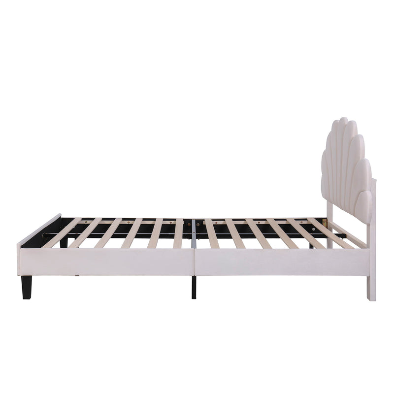 Full Size Upholstered Platform Bed With Flower Pattern Velvet Headboard - Beige