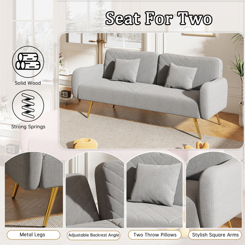 Double Sofa With Split Backrest And Two Throw Pillows, Suitable For Living Room, Apartment, Home Office - Gray