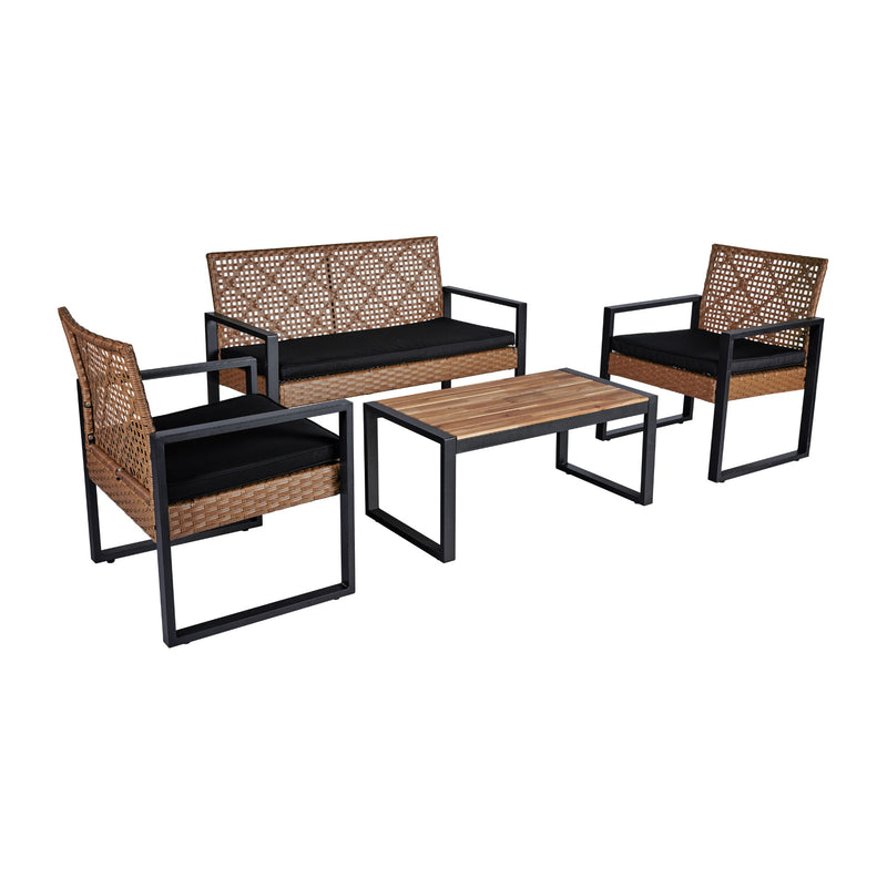 4 Piece Patio Furniture Set Outdoor Balcony Porch Garden Backyard Lawn Furniture Acacia Wood Table Top, Morden - Black And Light Brown