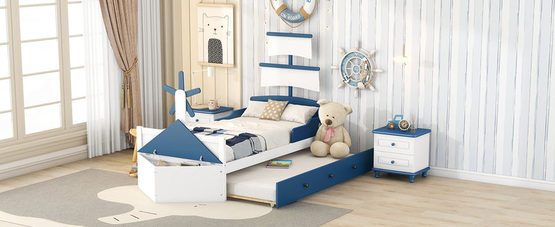 Twin Size Boat-Shaped Platform Bed with Twin size Trundle,Twin Bed with Storage for Bedroom,Blue