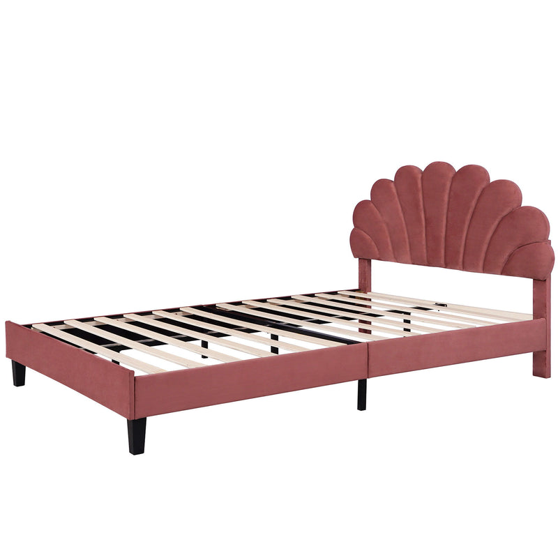 Queen Size Upholstered Platform Bed With Flower Pattern Velvet Headboard - Bean Paste Red