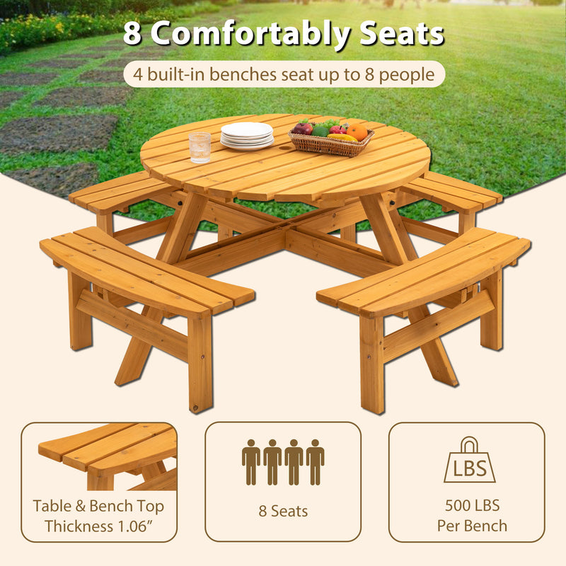 8 Person Wooden Picnic Table, Outdoor Camping Dining Table With Seat, Garden, Diy With 4 Built-In Benches, 2220Lb Capacity