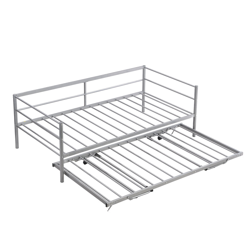 Twin Size Metal Daybed with Adjustable Trundle, Pop Up Trundle, Silver